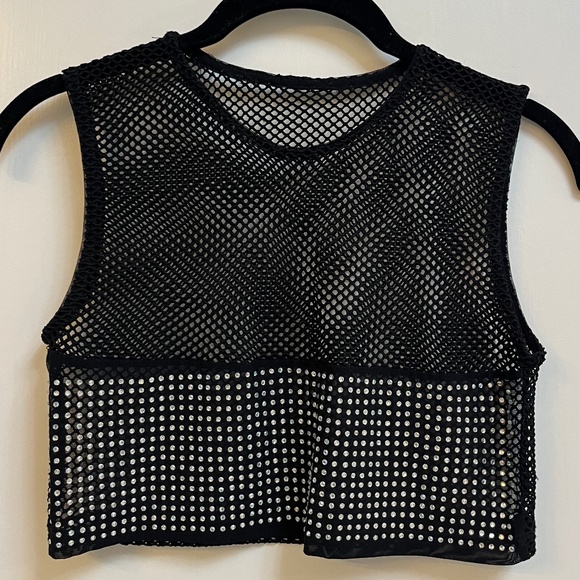 Black Mesh Crop Top with Rhinestone Detail Size S - Picture 1 of 6